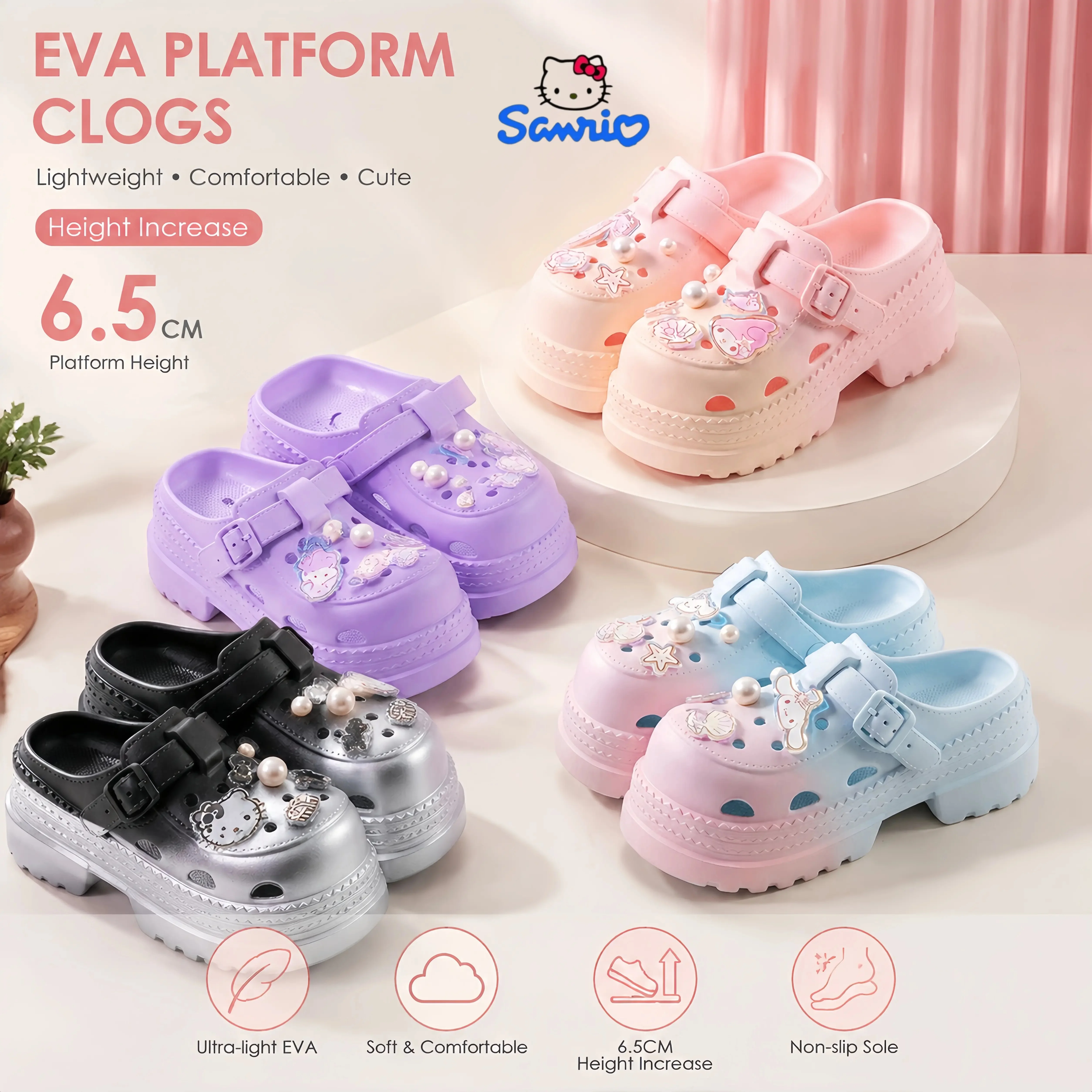 Sanrio Hello Kitty Summer EVA Clogs 6.5cm Height Increase Slippers Sandals Women Students Kawaii Soft Shoes Daily Beach Gift