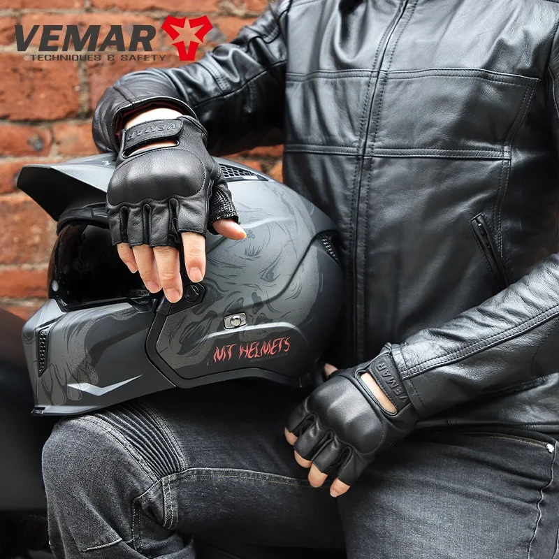 

VEMAR Men’s Vintage Motorcycle Gloves – Black Half Finger Sheepskin Leather Biker Gloves​