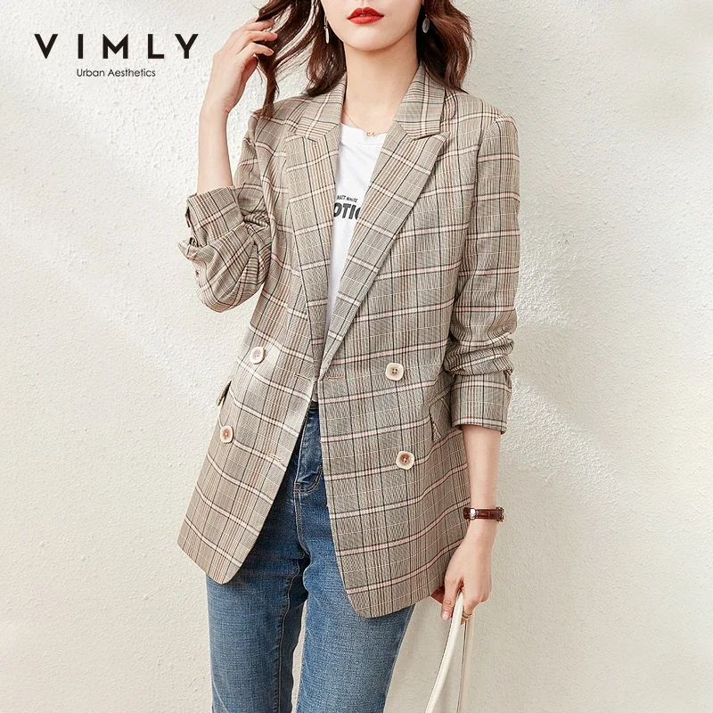 VIMLY Elegant Plaid Blazer for Women 2024 Spring Fashion Notched Double-breasted Jacket Ladies Suit Coat Female Clothes F6208