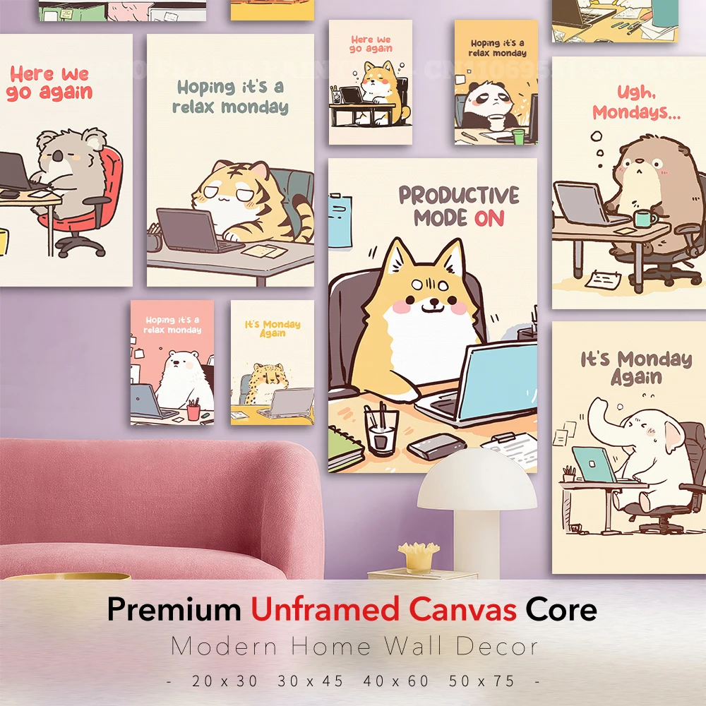 Funny Working Animal Unframed Canvas Wall Art Cute Cartoon Office Pet Prints Poster for Workplace Study Room Wall Decor