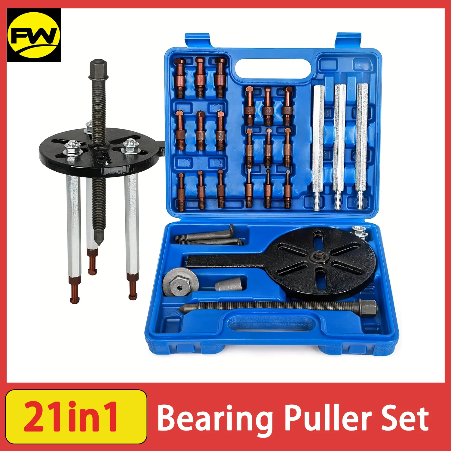 Juego de extractores de rodamientos 21 en 1, extractor de tres mandíbulas con orificio interior, con gancho curvo y pinza de acero roja, herramienta de extracción de rodamientos multifuncional