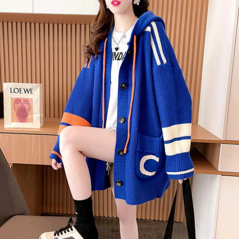 Korean Sweater Oversized knitwear Female Cardigan Spring Autumn Fashion Hooded Knit Pull Femme Casual Sweater Coat