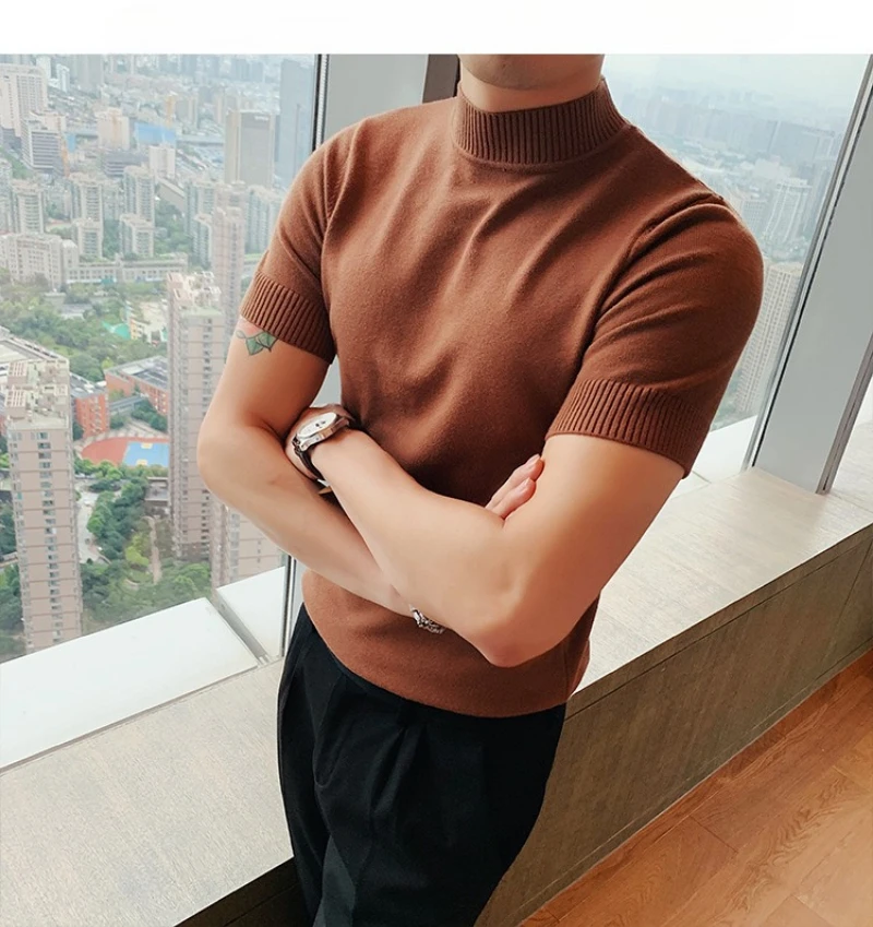 Spring Summer Men's Half High Neck Short Sleeve T-shirt Korean Slim Fit Solid Color Bottom Shirt Casual Cotton Elastic T-shirts