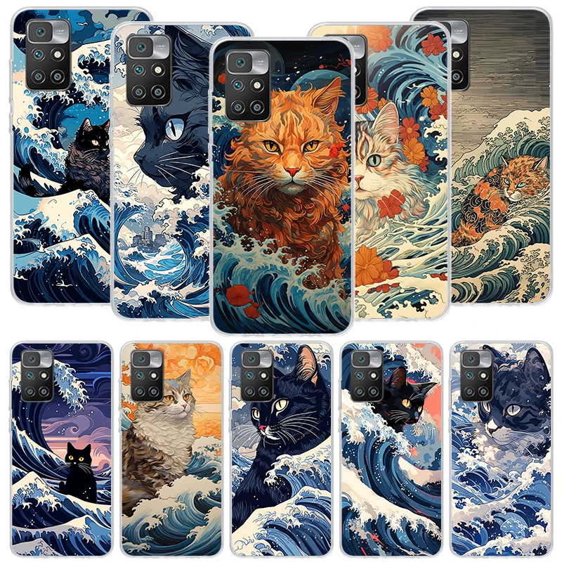 Эстетический чехол для телефона Anime Cat Sea Wave для Xiaomi Redmi 12 12C 13C 14C 13 9 9A 9C 9T 10 10A 10C 8 8A 7 7A 6 6A K40 K20 Pro S2 1