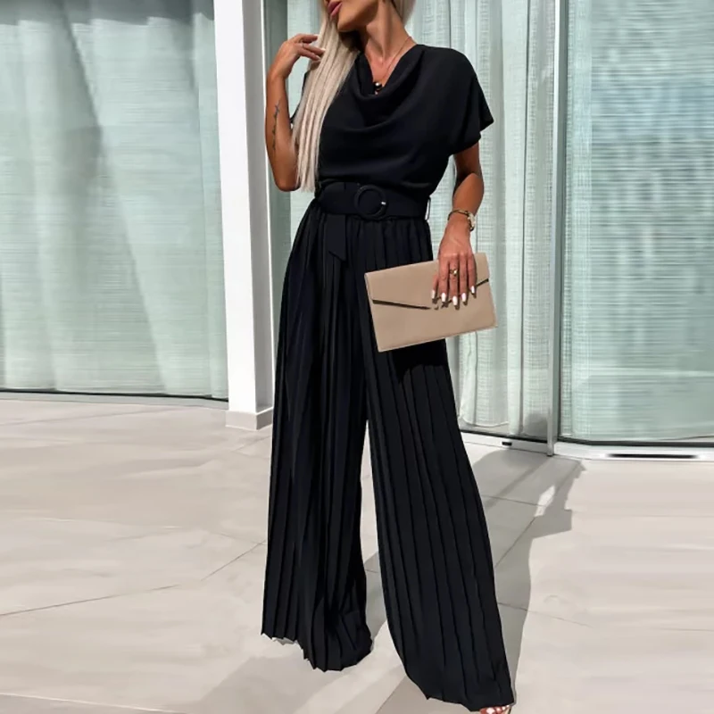 Fashion Temperament Solid Color Jumpsuits New Short Sleeve High Waist Belt Romper Elegant Commute Pleated Wide Leg Long Jumpsuit