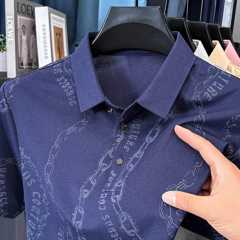 

High End Fashion Men's Polo Shirt Lapel Short Sleeve Summer New Style Zipper Print T-Shirt Business Classic Casual Menswear