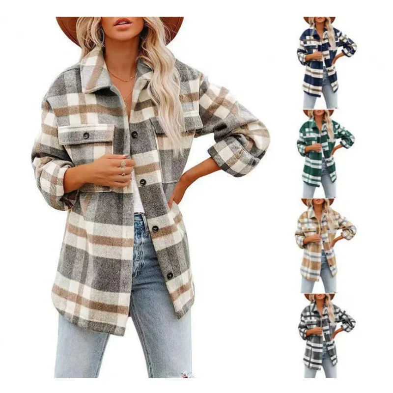 

New Women's Plaid Flannel Woolen irt Jaet Loose Fit Long Sve Cotton Simple Sle Autumn Faion Ladies' Blouse