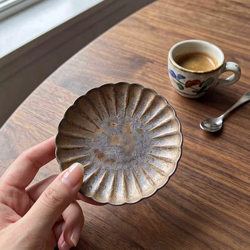 Handmade Ceramic Coaster, Wabi Sabi Style Scalloped Cup Saucer, Vintage Rustic Pottery Teacup Tray For Tea Coffee Table Decor