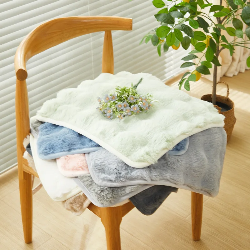 Faux Rabbit Fur Warm Seat Cushion Thick Plush Autumn and Winter Chair Cushion with Straps Solid Color Office Sedentary Artifact