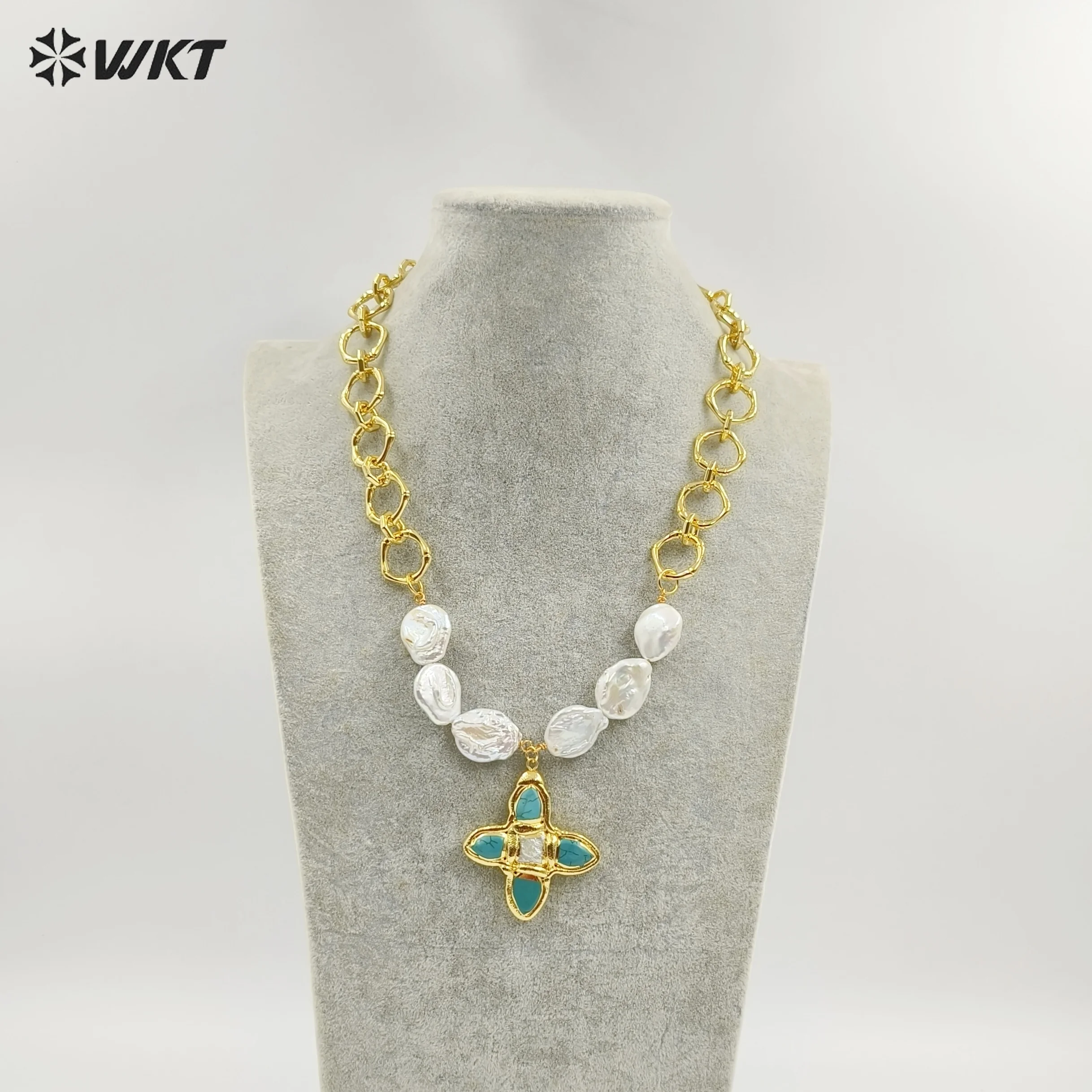 

WT-JN324 Замечательное простое ожерелье в стиле ретро с натуральным жемчугом и бирюзой, 20 дюймов, с покрытием из настоящего золота для друзей ACC