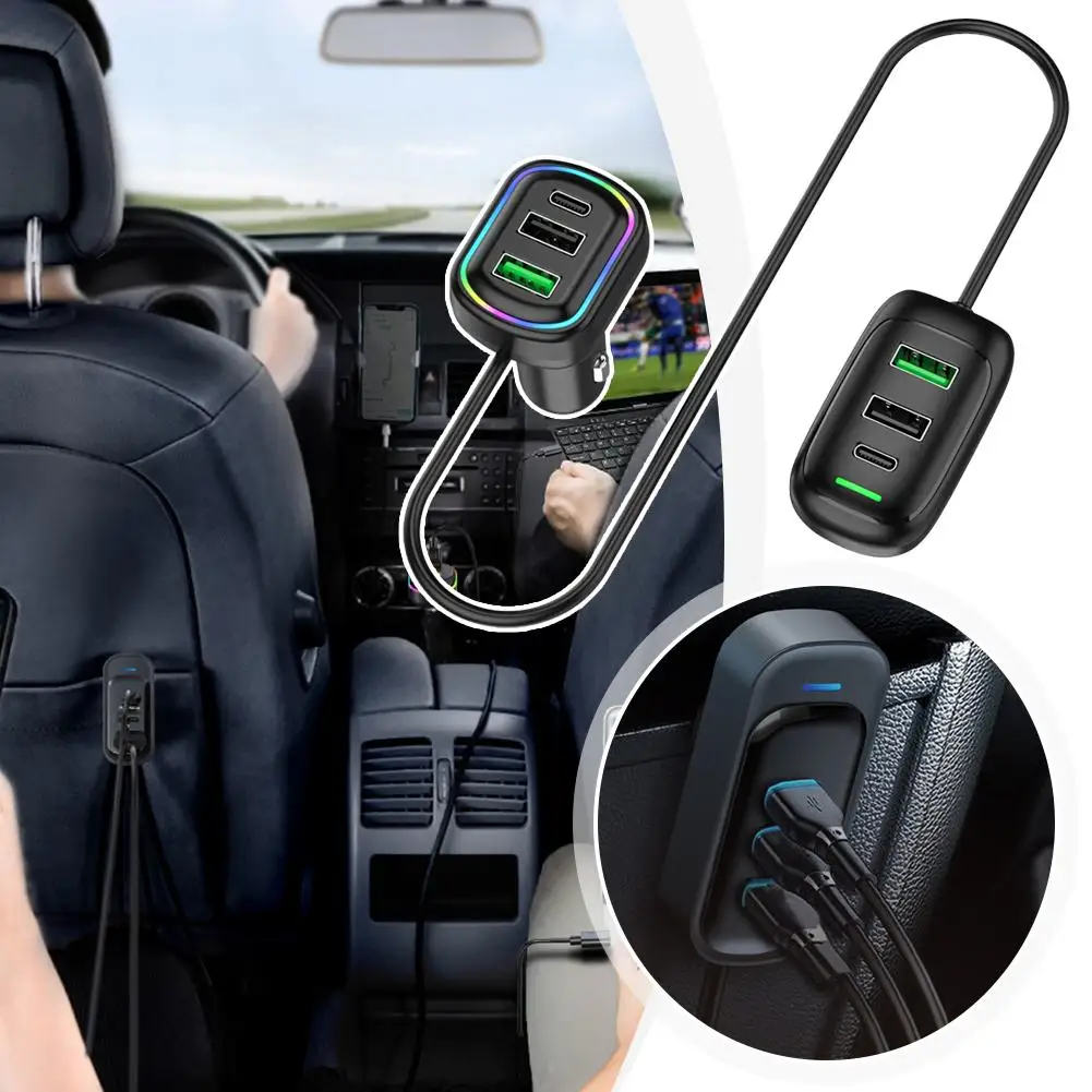 Cargador de coche de extensión delantera y trasera USB tipo C de 6 puertos con luz RGB PD adaptador de corriente de carga rápida para tableta Iphone