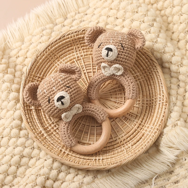 1pc Baby Rattles Crochet Bunny Rattle Toy Wood Ring Baby Teether Rodent Baby Gym Mobile Rattles Newborn Educational Toys Gifts