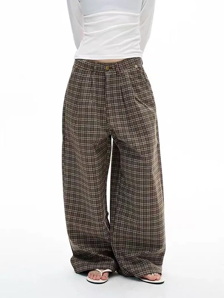 Women Plaid Wide Leg Pants Y2K High Waist Streetwear Loose Sweatpants Bf Autumn Korean All Match Straight Trousers