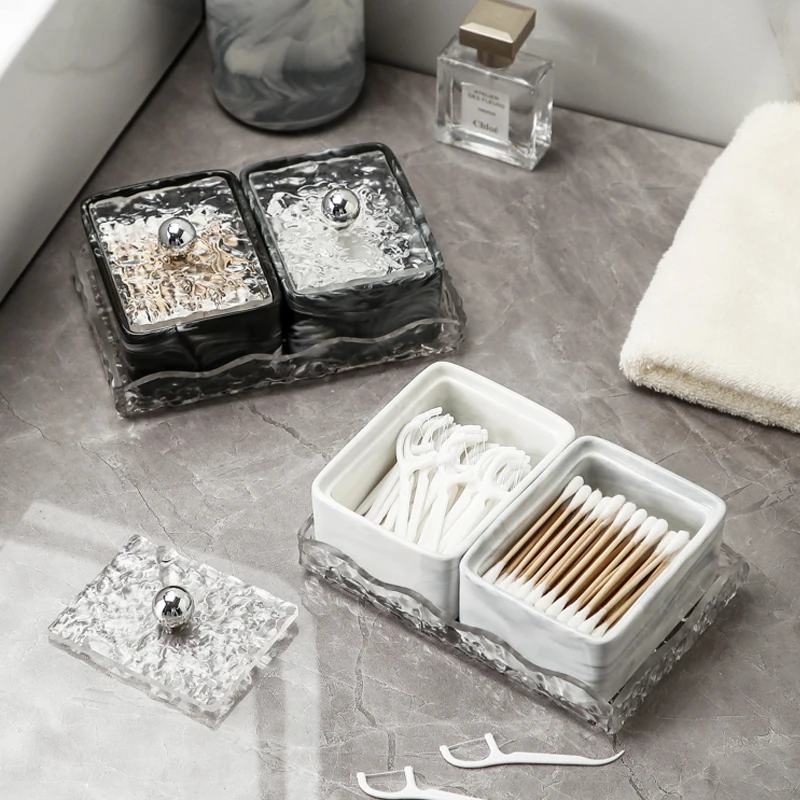 Ceramic Cotton Swab Jar Bathroom Table Marble Cotton Washcloth Storage Box Transparent Lipstick Finishing Box Home Decoration