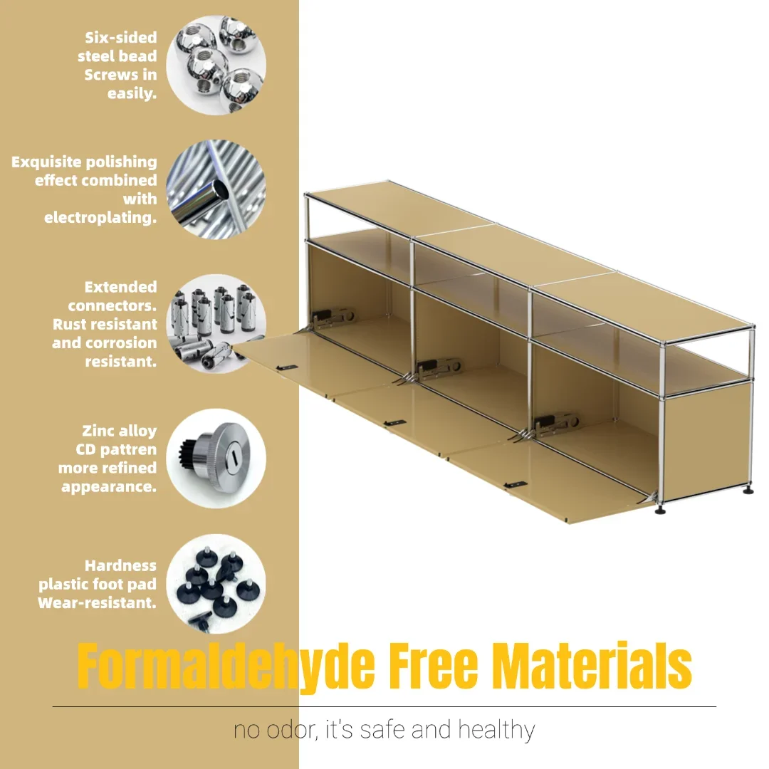 Modern Modular Low TV Cabinet｜3-Tier Sideboard with Drop Doors｜Steel Frame Storage Bench Unit | Minimalist Low Media Console