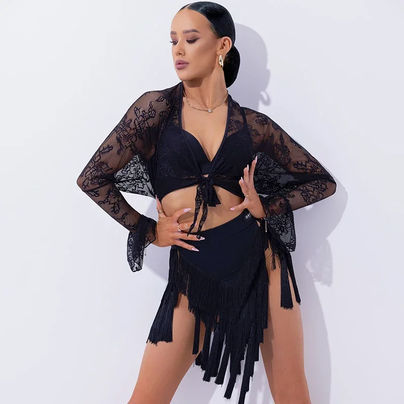 

High-End Latin Dance Performance Costumes For Women Lace Tops Tassels Slit Skirts Suit Samba Chacha Latin Dance Dress