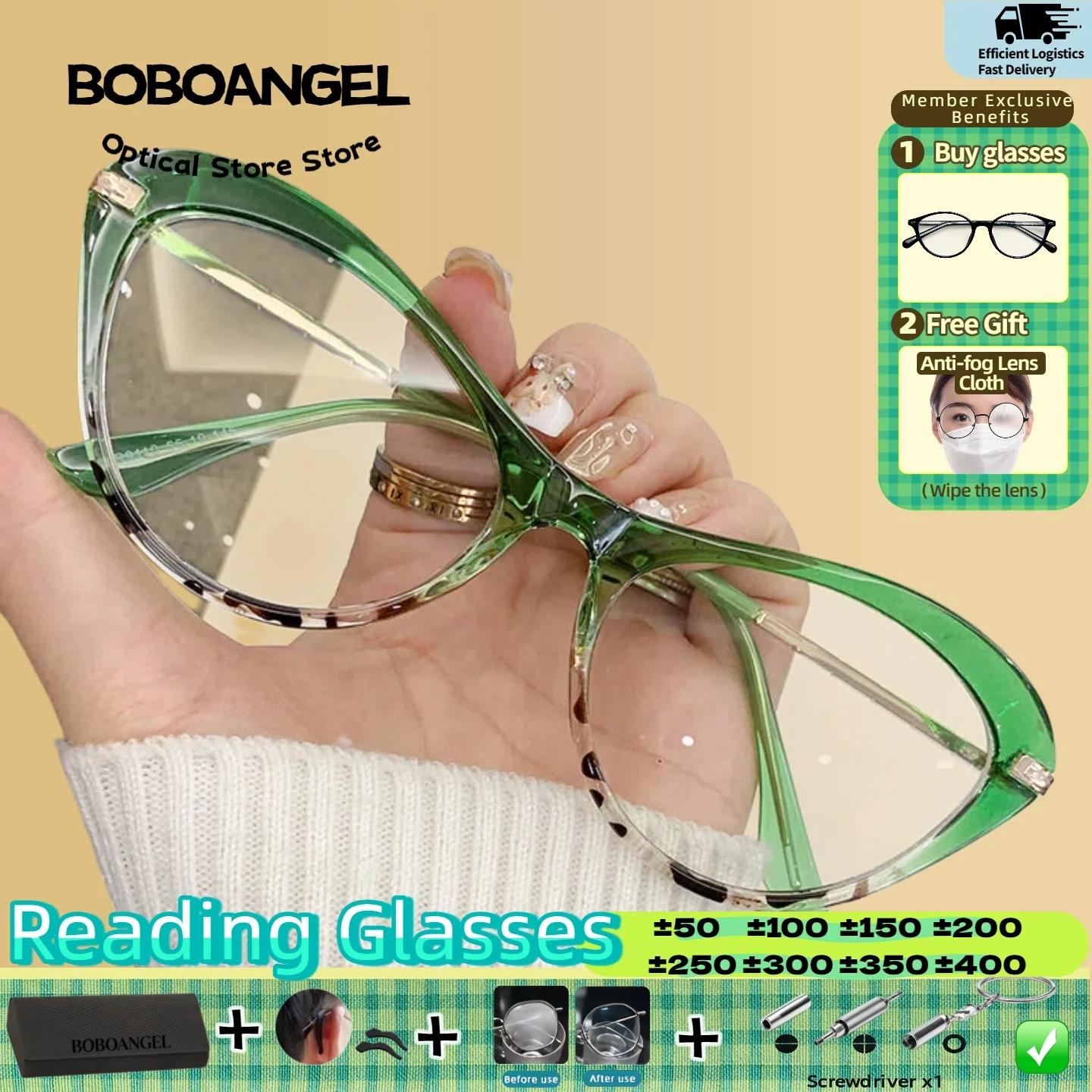 

BOBOANGEL Trendy Fashion Women Cat Eye Progressive Reading Prescription Glasses Customization Anti Blue Light Myopia Optical