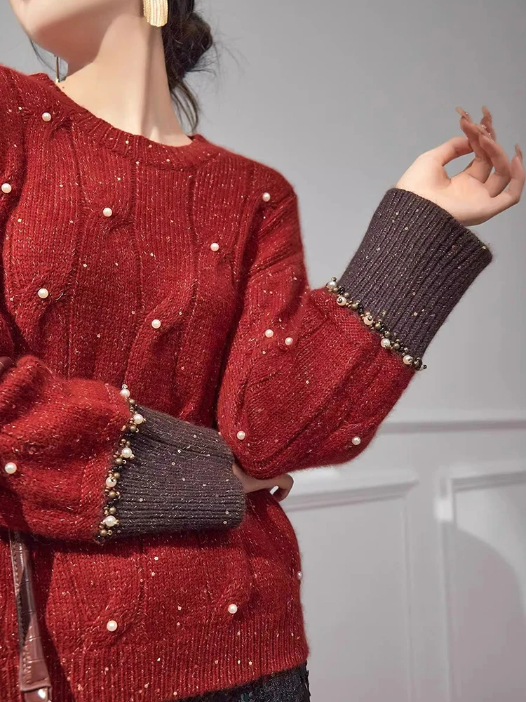 

Heavy Embellied Red Sweater Autumn Winter Faion Slimming Versatile Long Sve Knitted Woolen Sweater