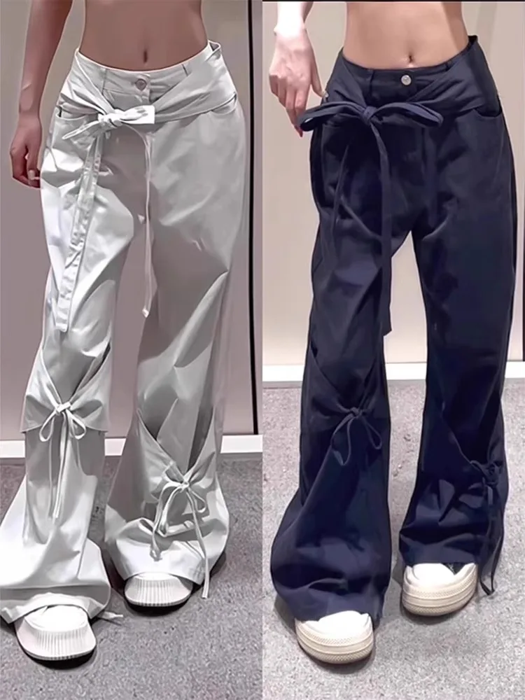 

"American style retro sweet and cool design cargo straight leg pants summer thin bow lace-up design sense loose long pants"