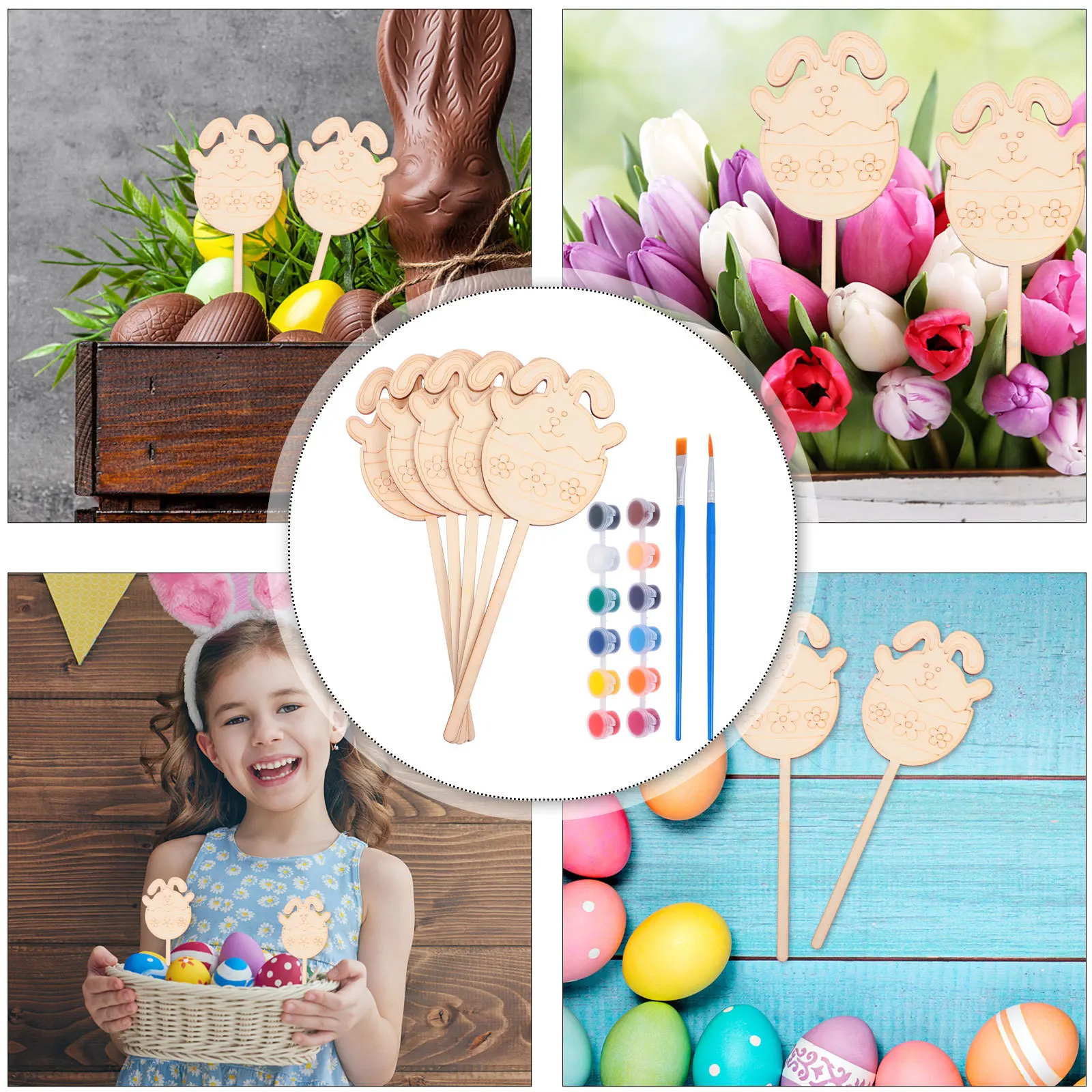 1セット DIY木製ウサギデコレーション イースター木製塗り絵 子供向けペイントクラフト ホームデコレーション 室内アートプロジェクト 木製手作り