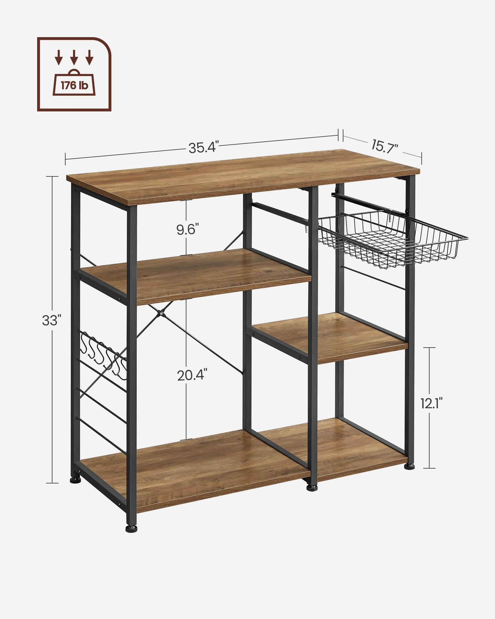 Vasagle Alinru Keuken Bakker Rek, Koffiebar, Magnetron Oven Stand, Met Stalen Frame, Draadmand, 6 Haken, Voor Mini Oven