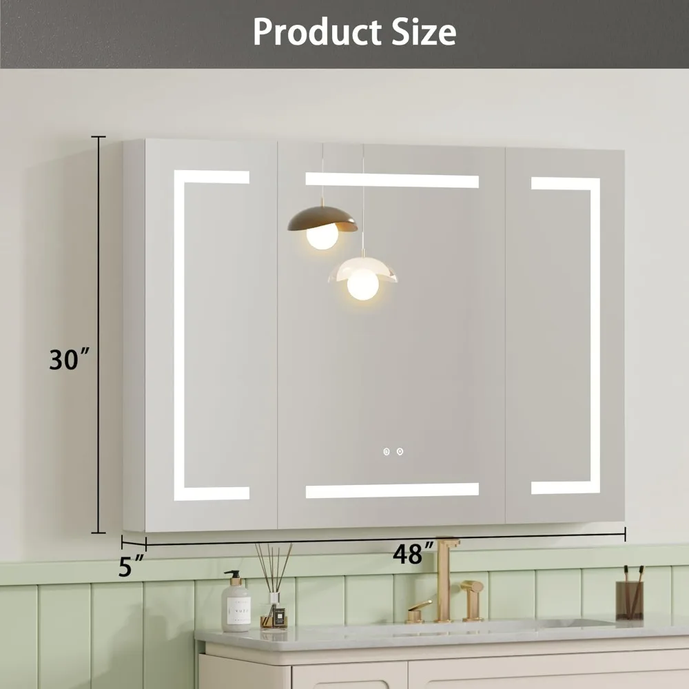 Bathroom Wall Mirror Medicine Cabinet With LED Mirror for Bathroom Miror 30''x48'' Aluminum Wall Adhesive Mirrors 3 Color Change