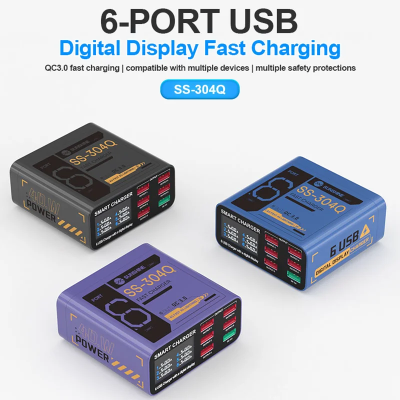 

Sunshine SS-304Q Portable 40W 6 Port USB Smart Fast Charging QC3.0 Intelligent Digital Display For Multiple Devices Power Supply