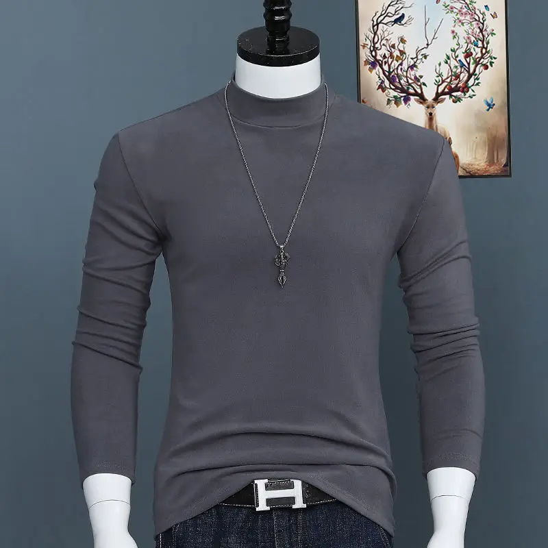 Camiseta Coreana de lujo para hombre, camisa de manga larga Base sólida, cuello alto, ajustada, Tops de talla grande, Otoño e Invierno