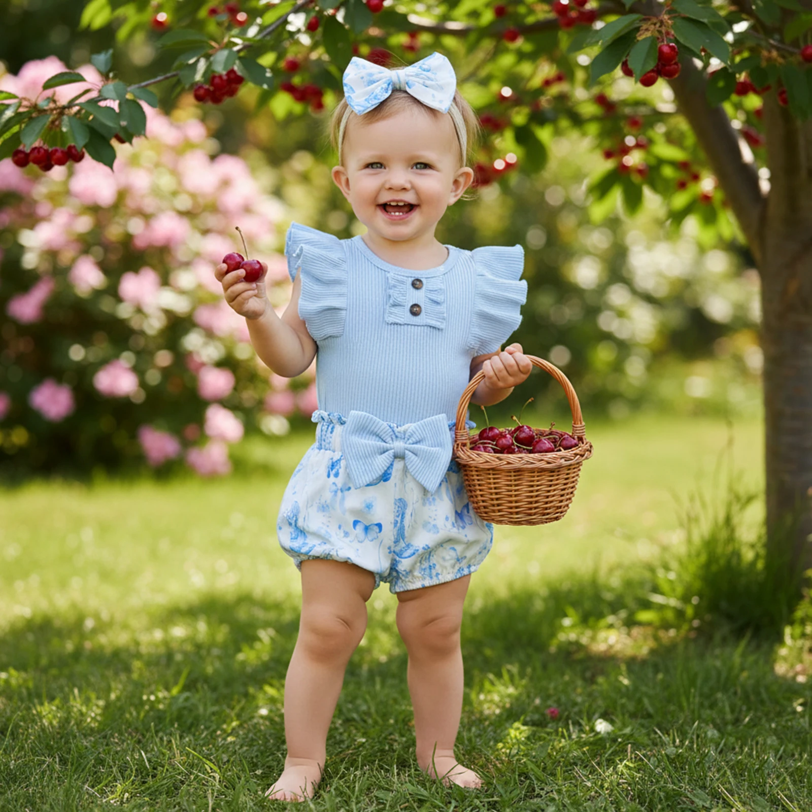 Baby Girl Western Clothing Set Cute Solid Color Ribbed Romper with Cowgirl Hat Print Shorts, Headband 3Pcs Outfit