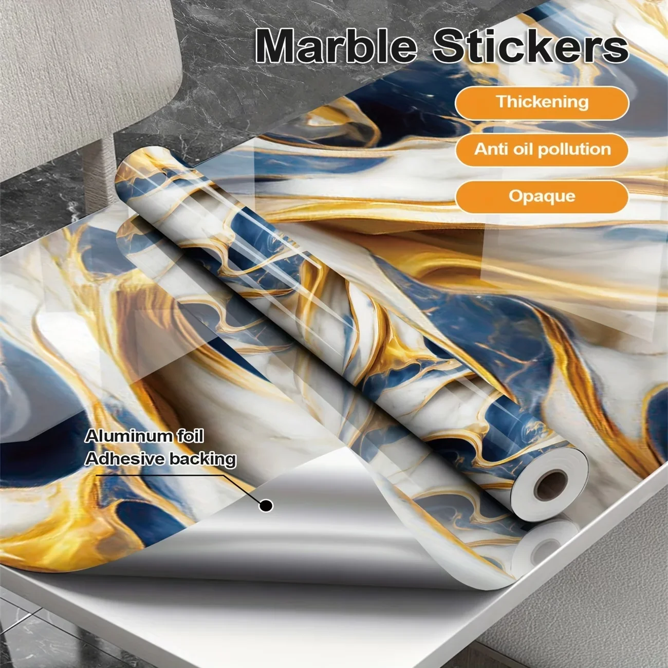 Waterproof And Oil-Proof Marble-Pattern Vinyl Sticker Suitable For Kitchen Backsplashes And Furniture Refurbishment.