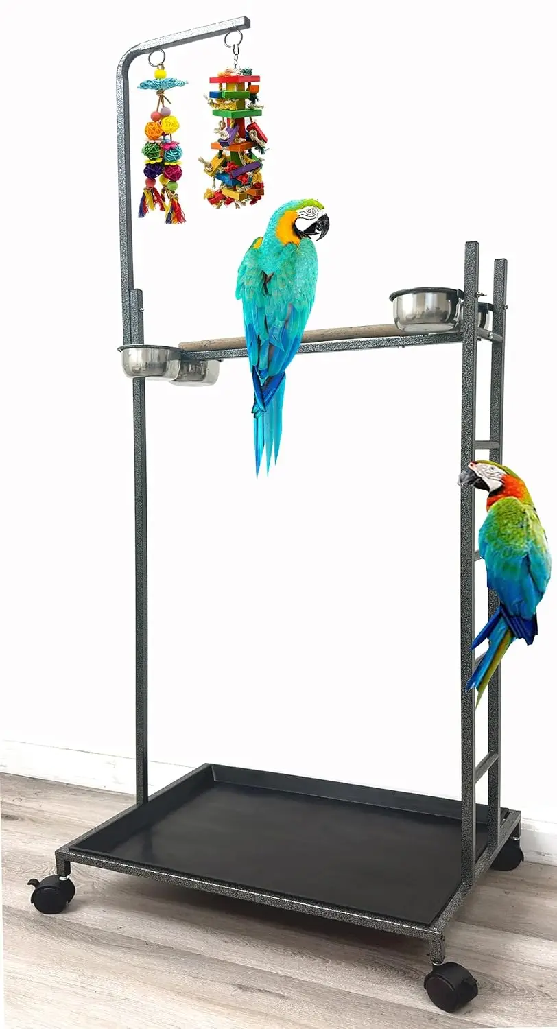 65.5 Inch X-Large Parrot Natural Perch Stand Bird Play Ground Training with Strong Climbing Play Ladder Stainless Feeding Bowls