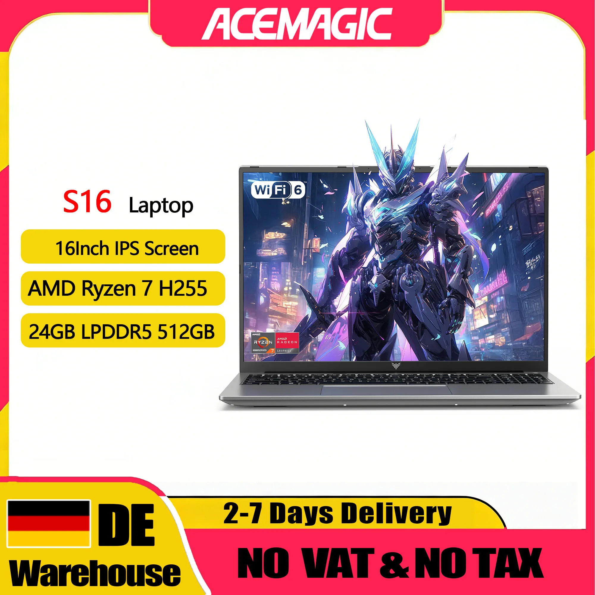 Portátil para Juegos ACEMAGIC S16 de 16 Pulgadas – Ryzen 7 H255 – 24GB LPDDR5 512B NVMe SSD – AMD Radeon 780M – WiFi6 – BT5.2 – Windows 11 Pro