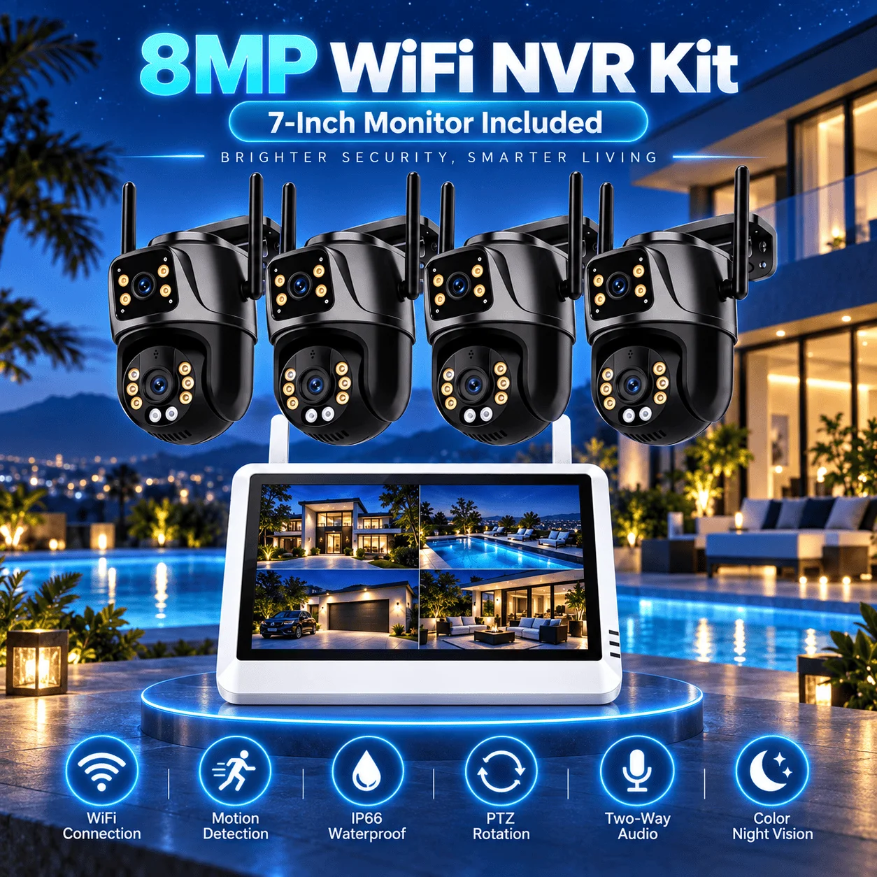 8-Kanal-NVR, 5-MP-Monitor, ICSEE-WLAN-CCTV-Kamera-Set mit vier drahtlosen Kameras mit Dual-Objektiv, System zur Videoüberwachung mit Personenerkennung für den Heimgebrauch, Echtzeitüberwachung,