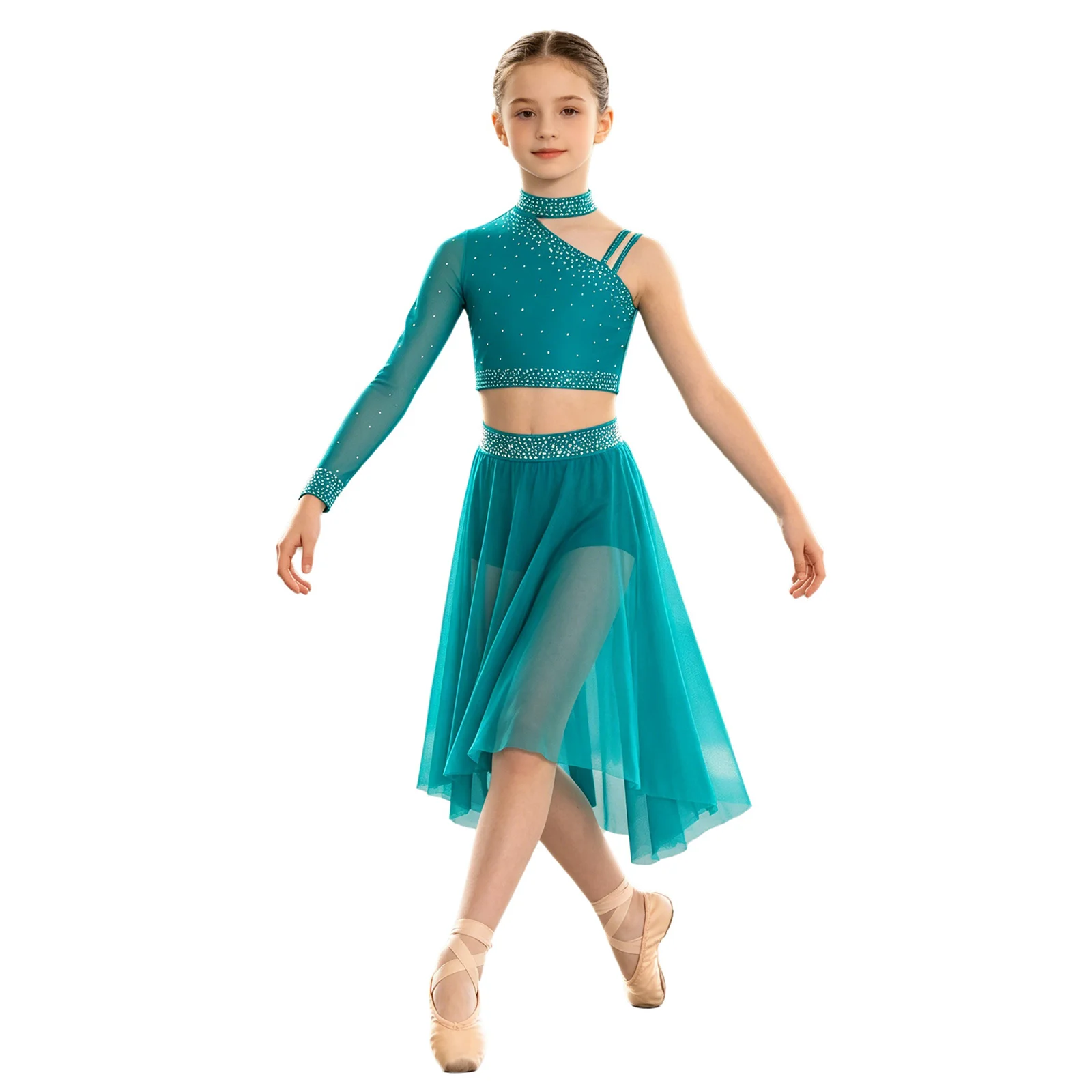 Girls Lyrical Dance Outfit Ballet Artistic Gymnastics Contemporary Dancewear Rhinestones One Shoulder Crop Top with Mesh Skirt