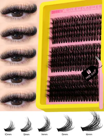 GROINNEYA Cluster Lashes Kit Individual Lashes Volume Mixed Tray 3D Faux Mink Lashes Wispy Eyelash Extension Makeup