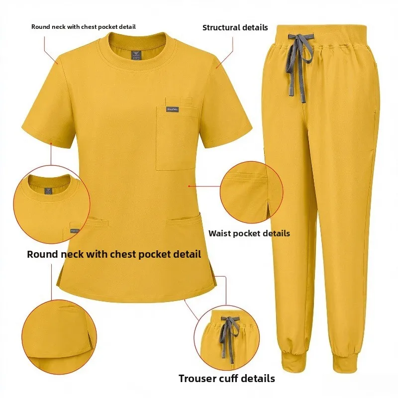Round Neck Multi Pocket Scrub Suit, Short Sleeve Medical Top, Drawstring Jogger Pants Stretch Uniform for Nursing Clinic Staff