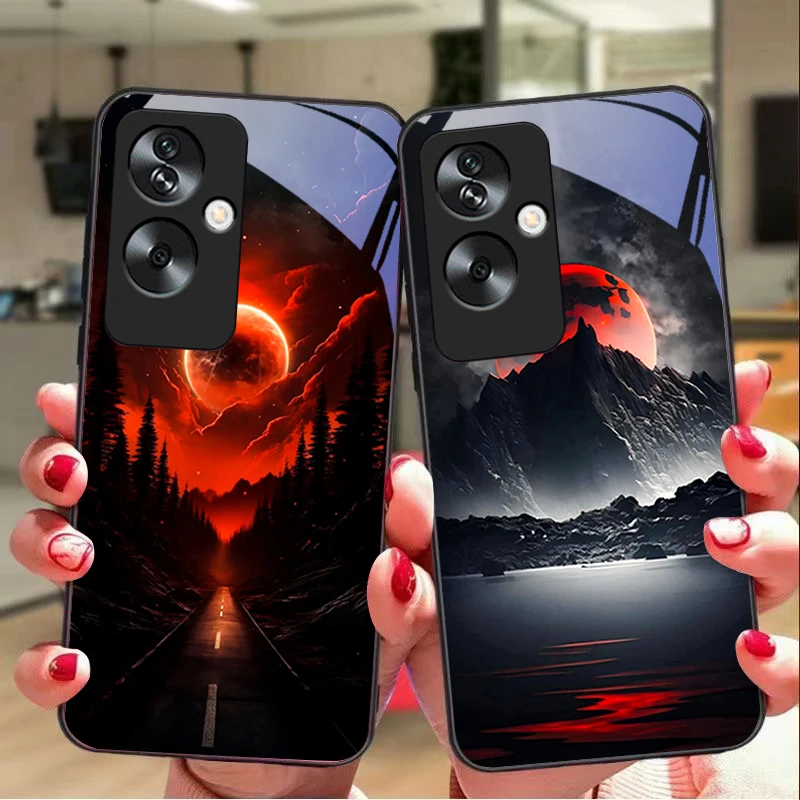 Night light scenery For Oppo A79 5G 58 78 74 60 4G Reno 11F Realme GT 6 11 Note 50 10 C55 X2 Tempered glass black phone case