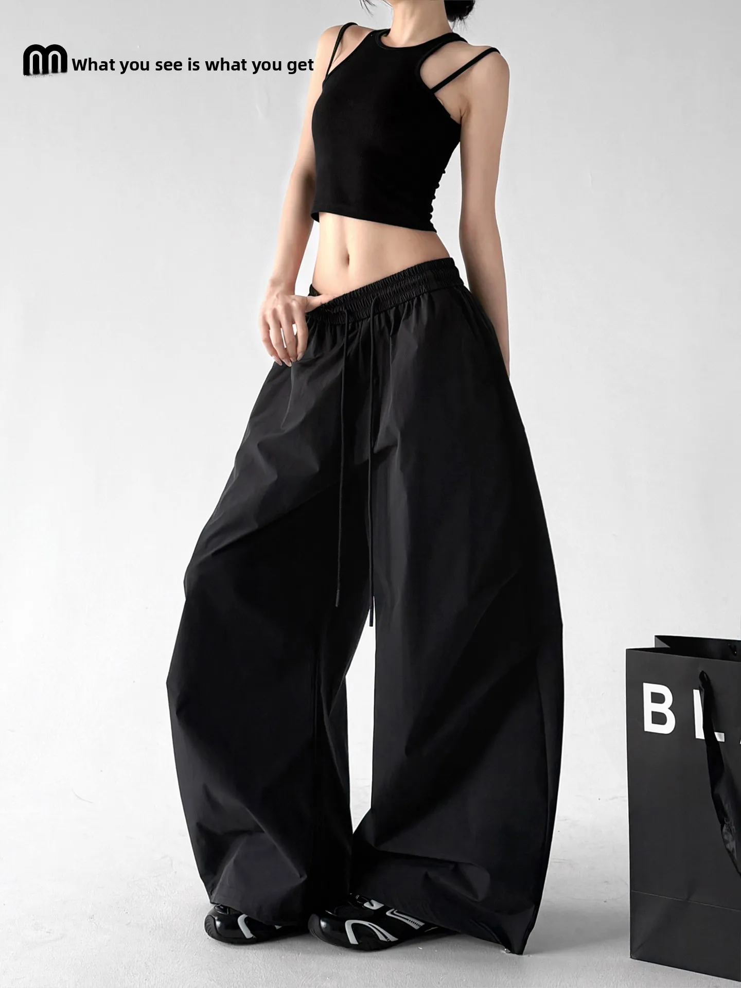 

Black High Waist Wide Leg Pants Women's Summer 2026 Loose Slimming Extended Casual Style Commute Wind Polyester Fabric