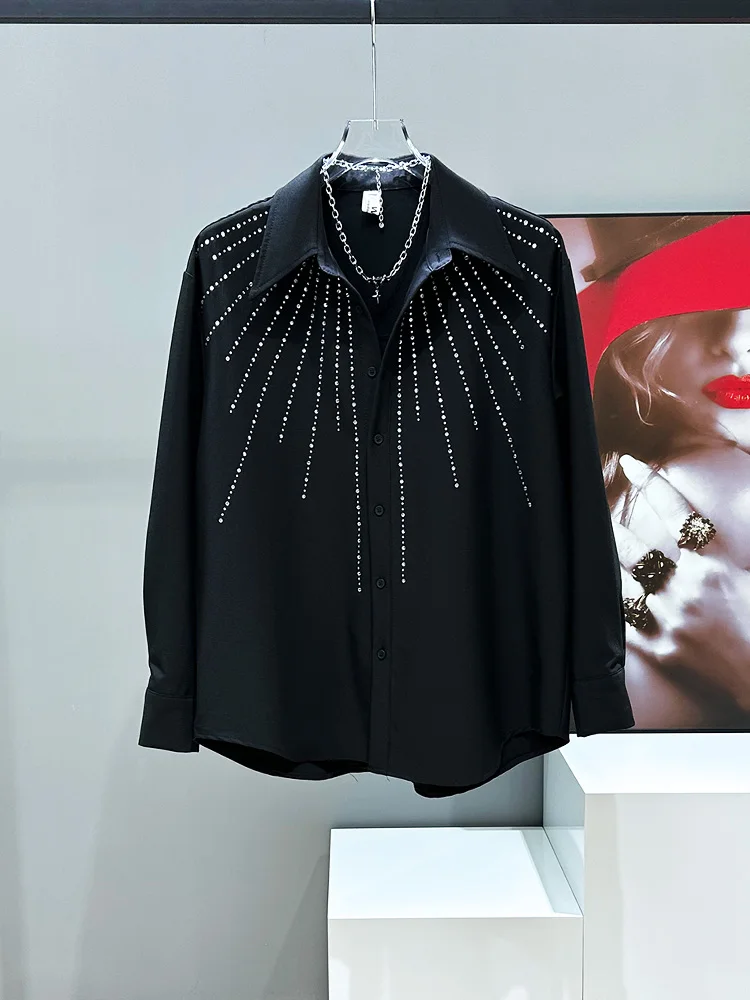 

Urban Chic Men's Bla Long Sve irt Rhinestone Design Loose Fit Faionable Mysterious Sle Spring 2025 New Arrival