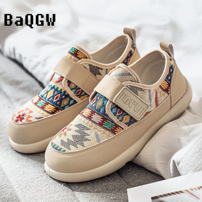 

2026 Ethnic Geometric Print Hook and Loop Casual Shoes Comfortable Thick Sole Walking Shoes Unisex for Men Women Daily Wear