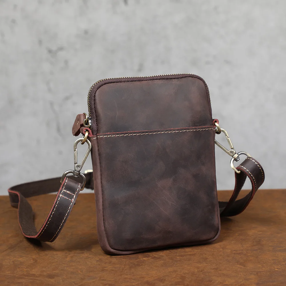 S.WORKER Vintage Echtleder-Umhängetaschen Crazy Horse Handgefertigte Mini-Tasche für Telefon, Karten und Schlüssel – Detail 16