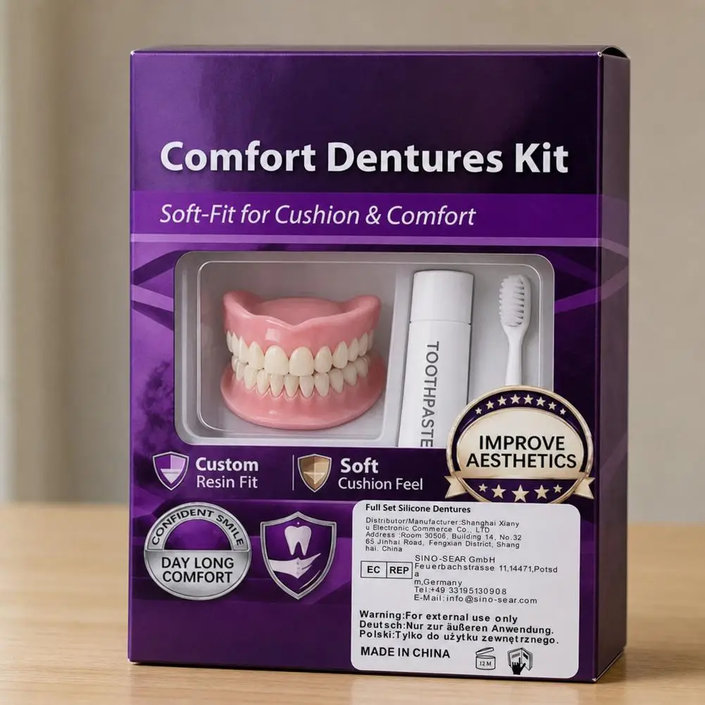 Custom Silicone Dentures for Seniors, Moldable Upper Lower False Teeth, Comfort Fit, Included Special Denture Care Kit