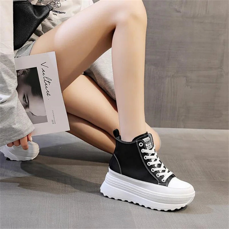 Women Genuine Leather White Breathable New Shoes 7cm Platform Boots Wedge Hidden Heel Spring Autumn Lace-Up Black Shoes Sneakers