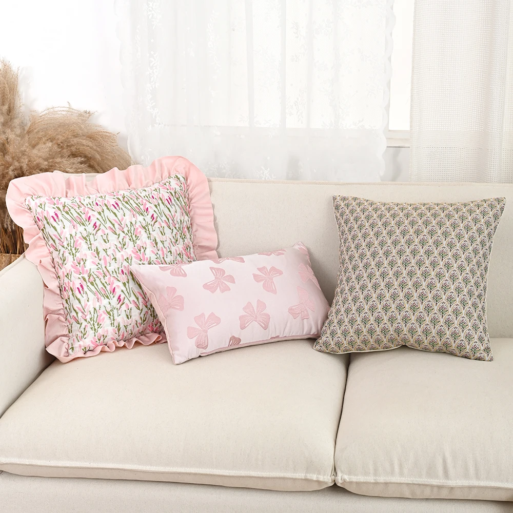 BUYNOW Pink Flower Jacquard Hollandaise Lace Pillowcase Vintage Pastoral Living Room Sofa Cushion Cover Home Bedroom Saddle Deco