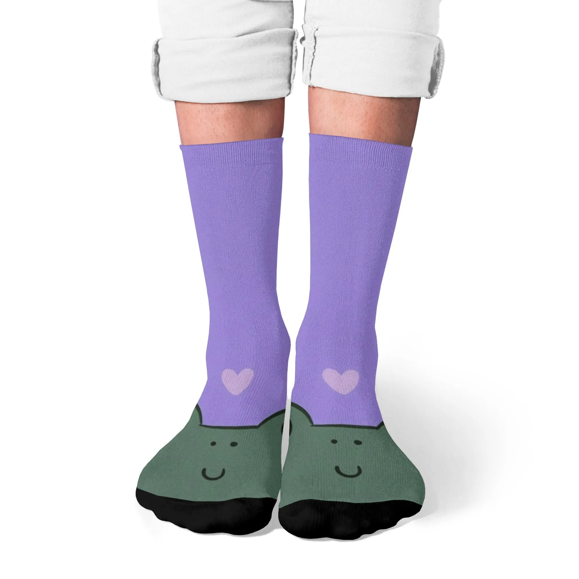 

Cute Cartoon Frog Socks，Purple Base with Pink Heart & Smiling Frog Motif，Kawaii Fashion Accessory for Playful Daily Looks