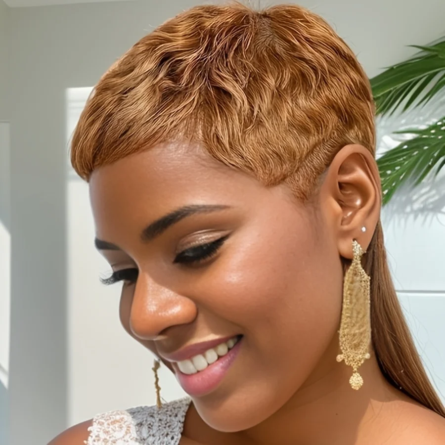 27 # /30 #   カラーピクシーカットカーリーウェーブ人毛ウィッグ 女性用 フルマシンメイドウィッグ デイリーウェア＆パーティー用 密度150% 4インチ