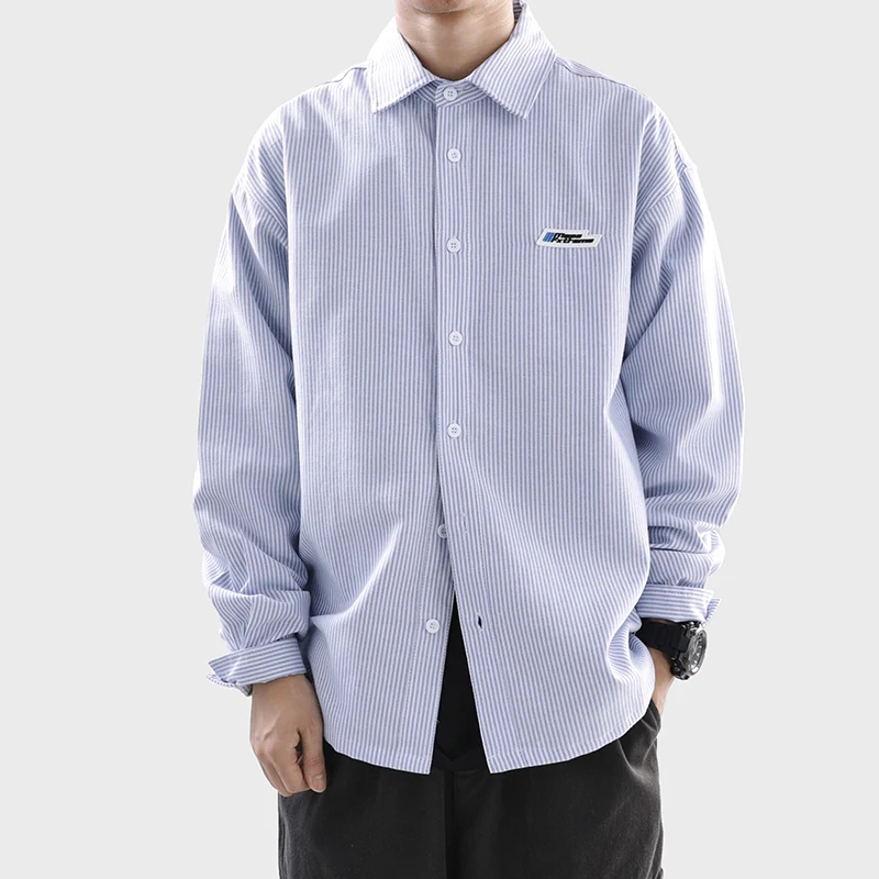 Loose Fit Long Sve Men's irt Vintage Striped BF Sle Casual Workwear Thin Outerwear Spring Youth Faion No Ironing