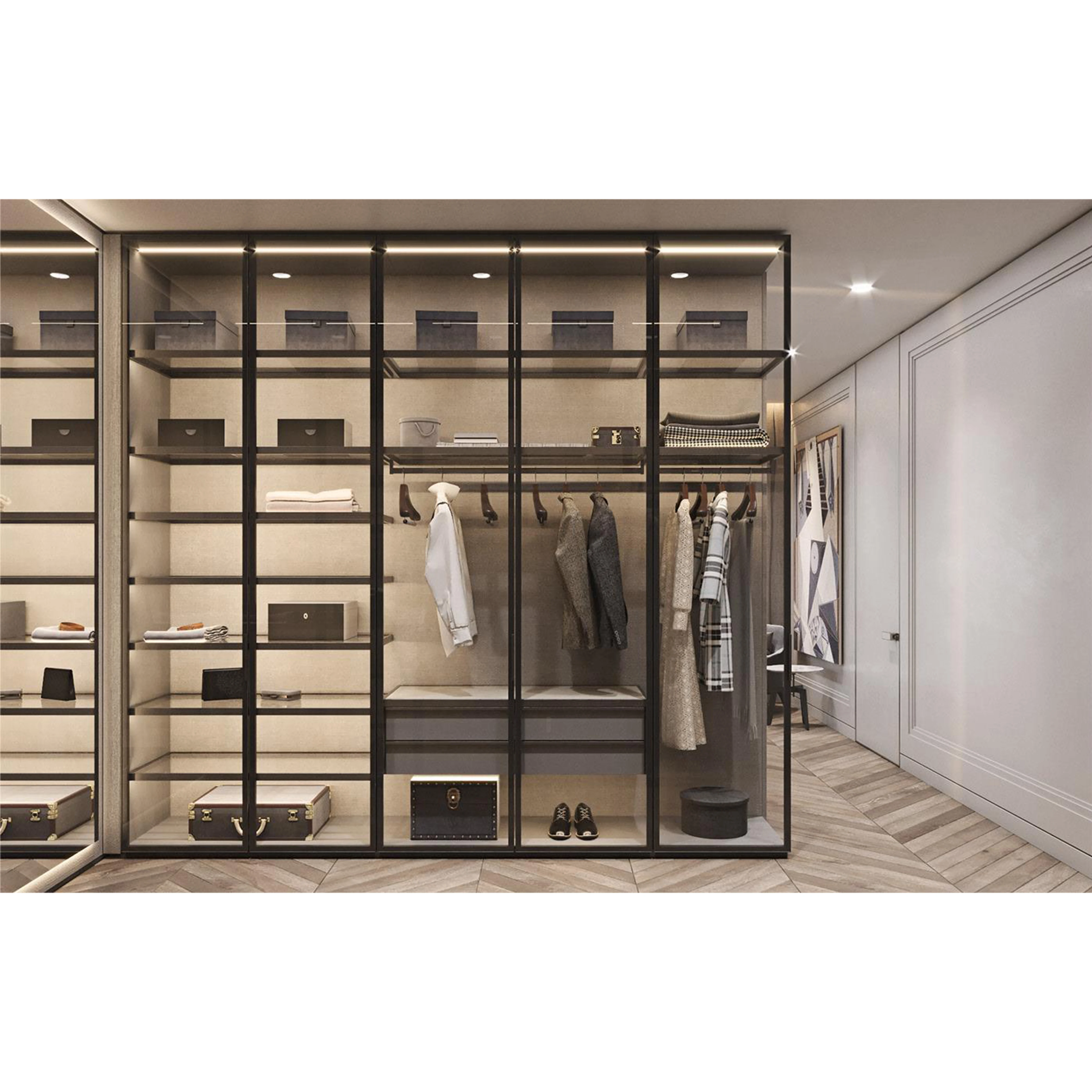 High-end Modern Walk In Bedroom Wardrobe Storage Systems Stand Alone Closet With Glass Shelves