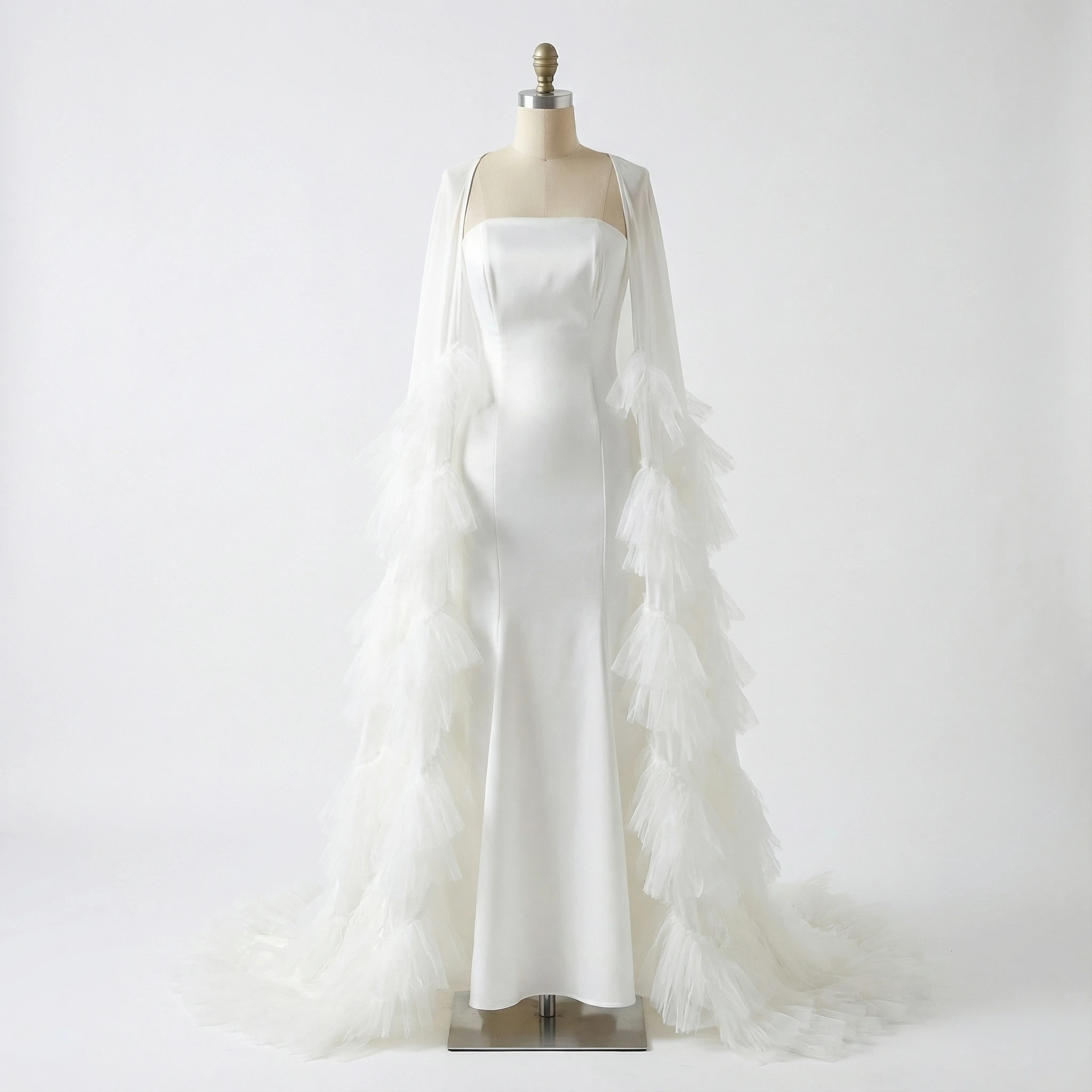 Nieuwe elegante witte lange gelaagde capemouwen luxe damesavondjurken elegante robe de soirée femme vestidos aangepast