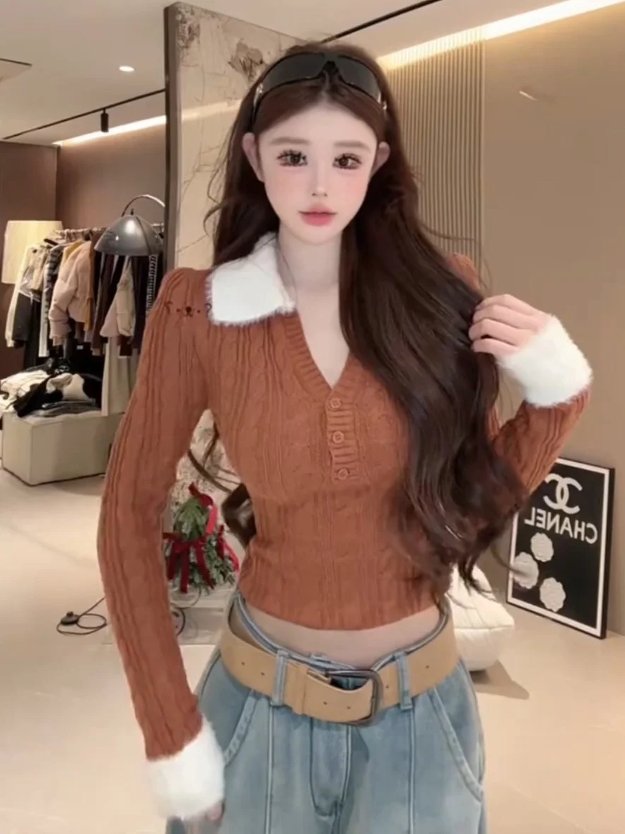 Korean Sle Long Sve Knitted Sweater Women's Autumn Winter Red Belted Flap Collar ort Top Warm Comfortable Daily Wear